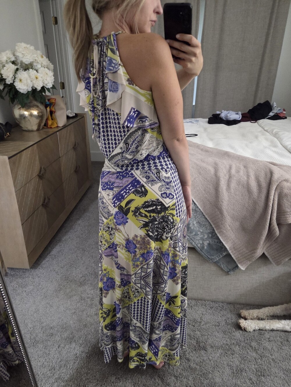 Julian Chang Patchwork Print Halter Maxi Dress Purple Chartreuse Size Small - Picture 11 of 15